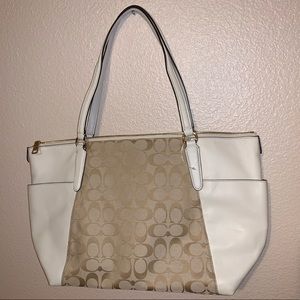 New Coach tote bag, off white leather & tan fabric